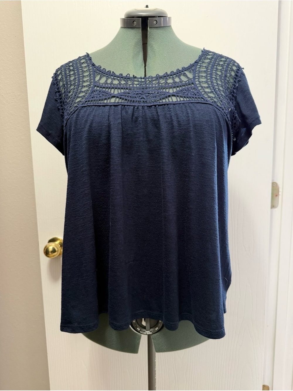 Maurices Navy Blue Crochet Lace Yoke Boho Swing Peasant Blouse XL